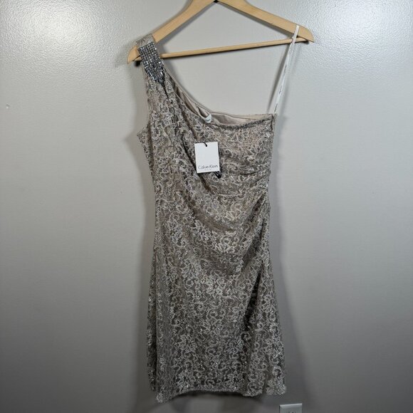 Calvin Klein Sequin One Shoulder Dress Size 6 Beige Silver Party Holiday Event - Picture 1 of 10